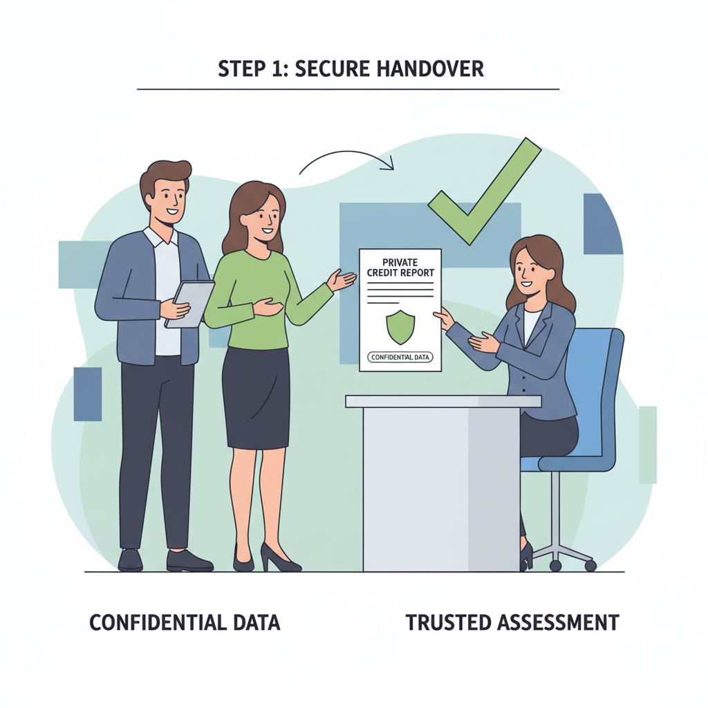private credit score reveal to lender, shielded document handover, confident users, reassuring professional scene