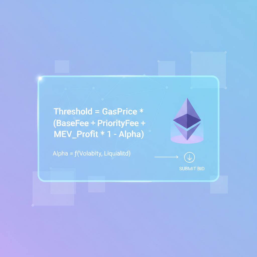 mathematical formula on holographic screen for MEV bidding thresholds, Ethereum logo