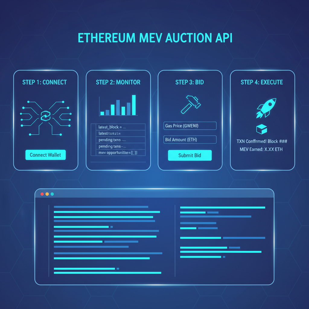 futuristic API dashboard for Ethereum MEV auctions, neon blue tones, code snippets