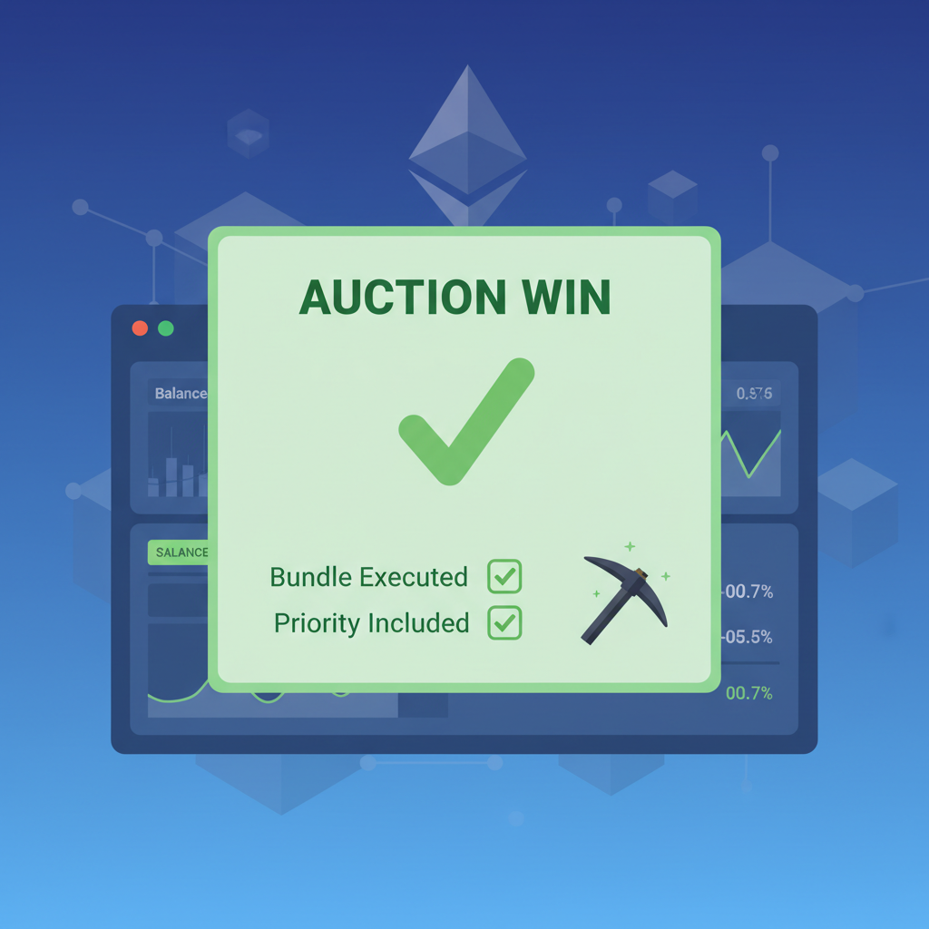 successful MEV auction win notification on trading dashboard, green checkmarks, Ethereum blocks