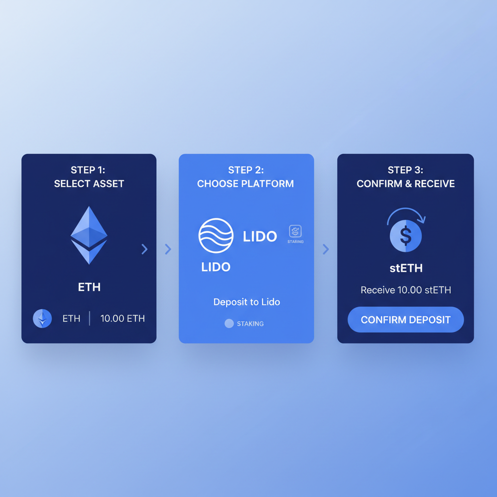 sleek crypto wallet interface showing ETH deposit to Lido for stETH, modern UI, blue tones