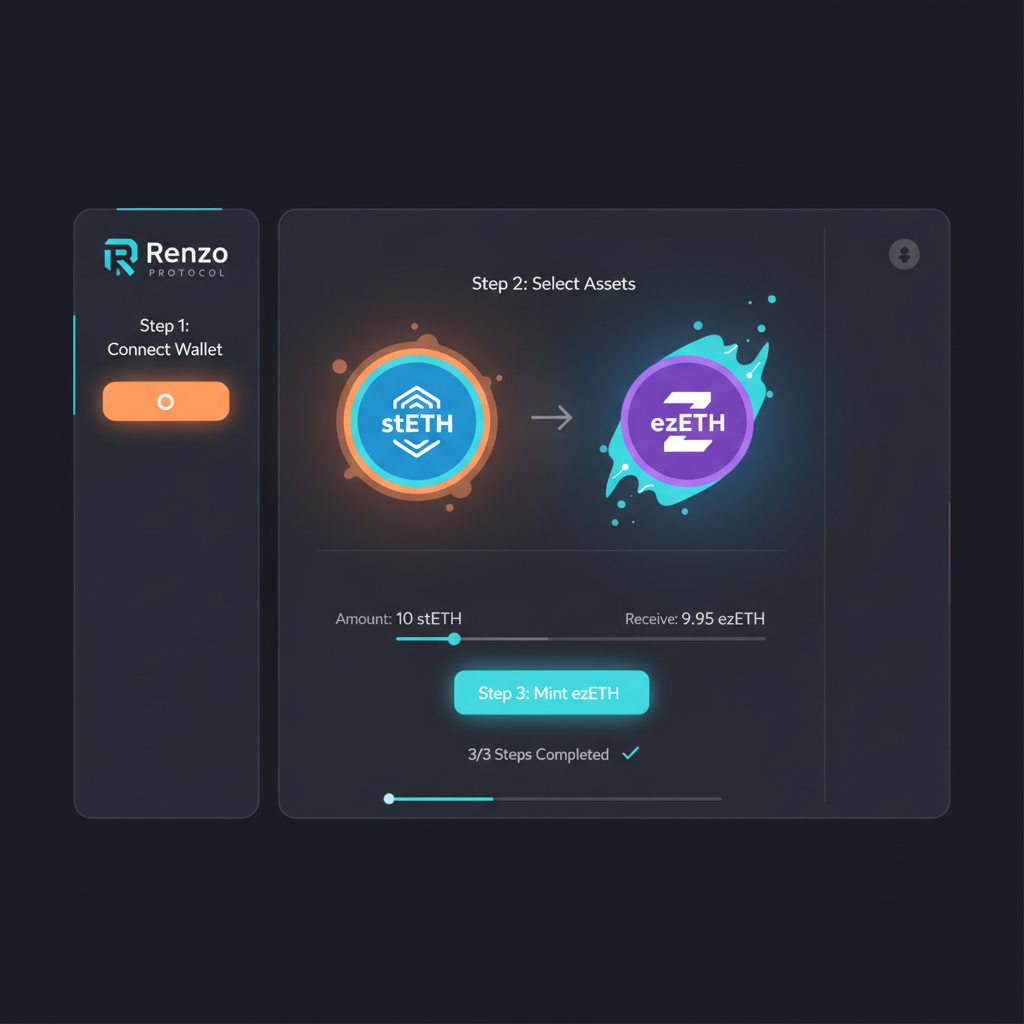 Renzo protocol dashboard minting ezETH from stETH, glowing tokens, futuristic DeFi interface
