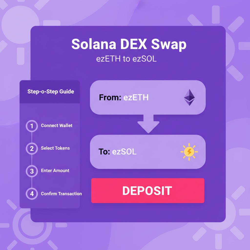 Solana DEX swap ezETH to ezSOL or Solayer deposit screen, vibrant purple Solana theme