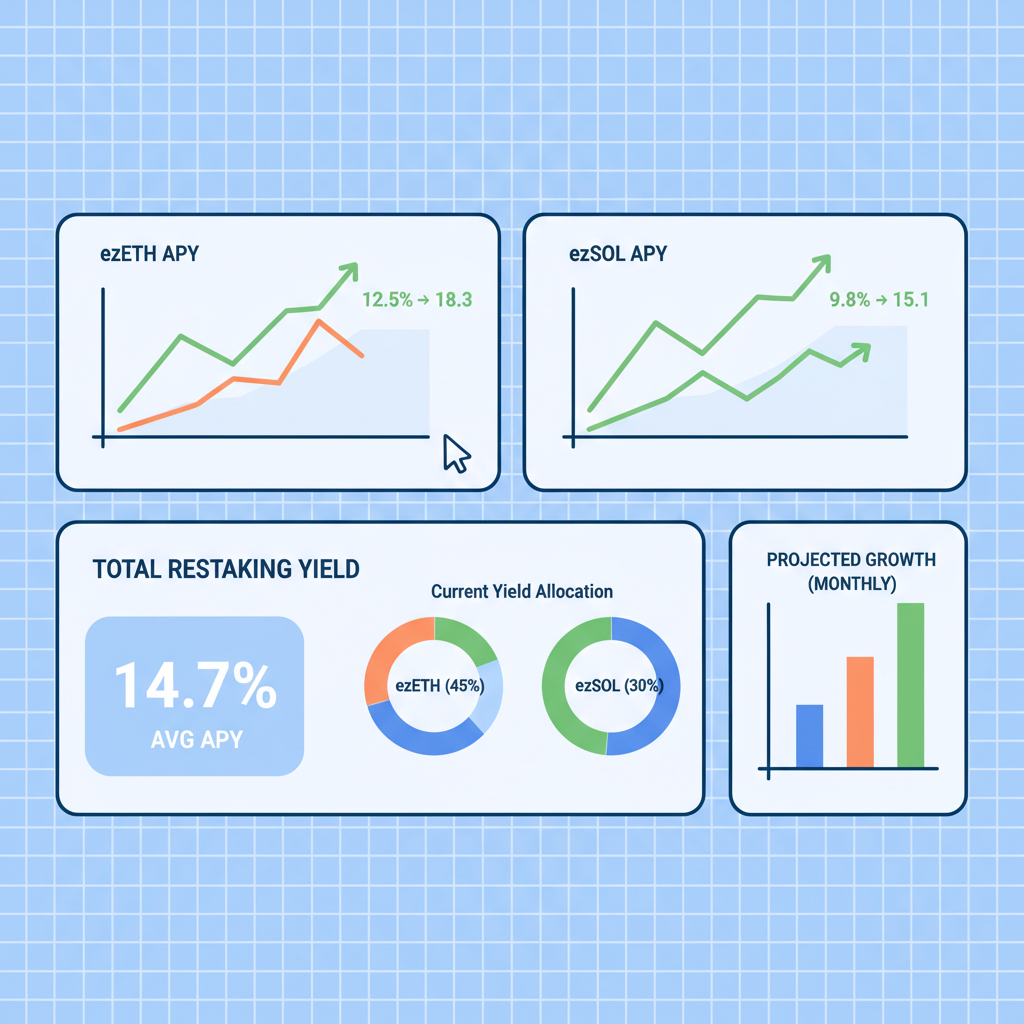 dashboard monitoring restaking yields ezETH ezSOL, charts graphs rising APY, data analytics UI