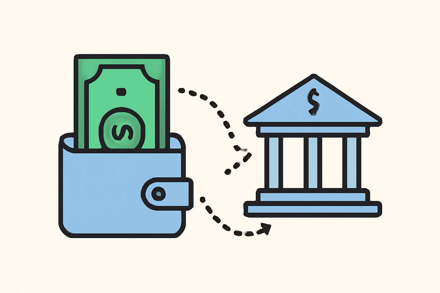 A digital wallet transferring money into a brokerage account, with dollar bills and a bank icon, clean and simple style.