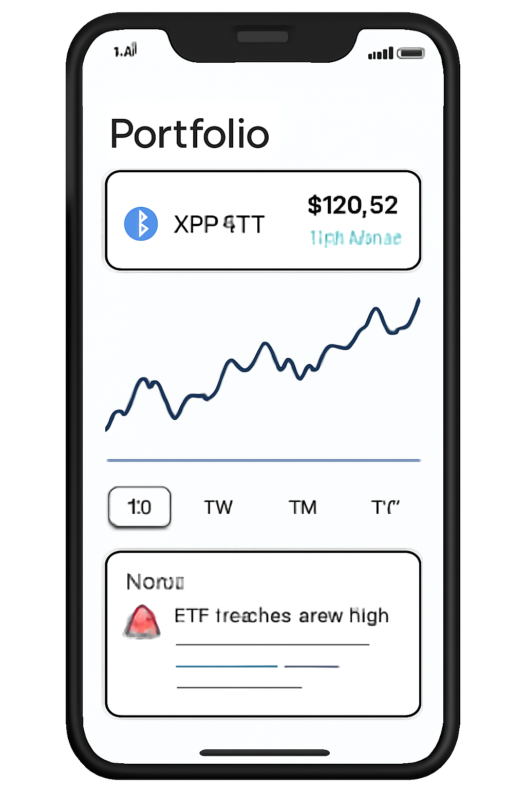 A smartphone screen displaying a portfolio overview with XRPR ETF highlighted, charts and news alerts visible, clean and engaging design.