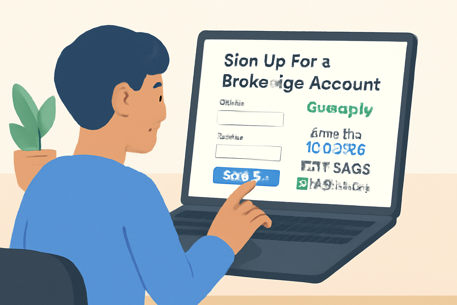 A person using a laptop to sign up for a brokerage account, with logos of major U.S. brokers like Fidelity and Charles Schwab visible, modern interface, clear and friendly atmosphere.