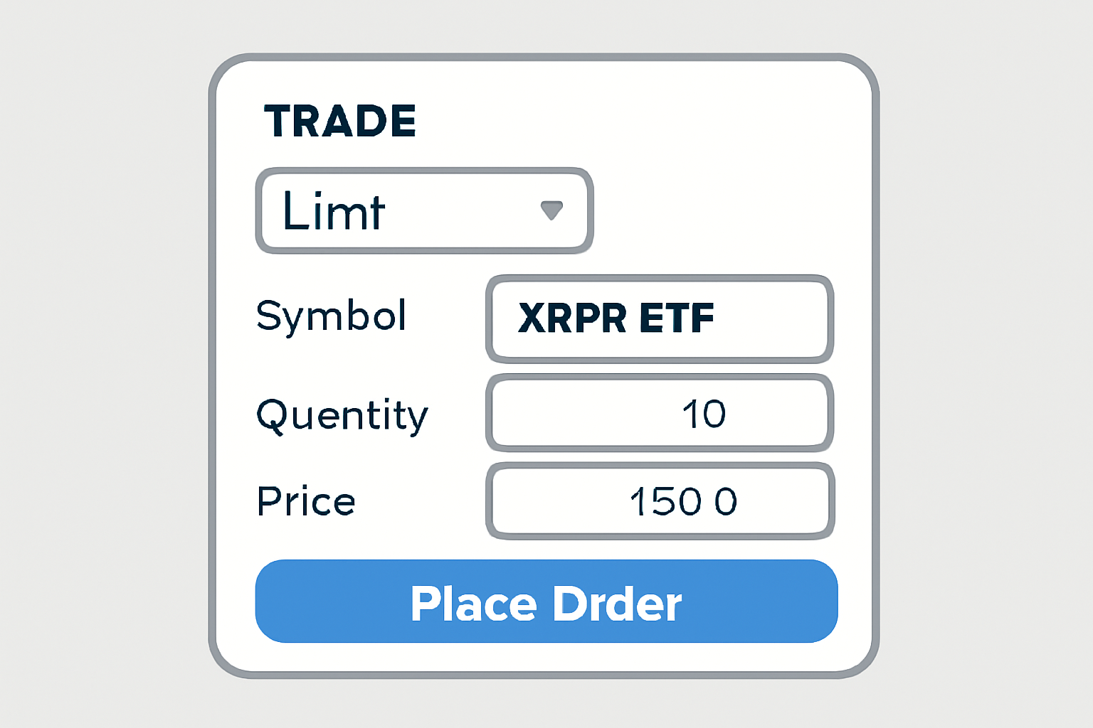 A trading screen showing a limit order being placed for XRPR ETF, with price fields and confirmation button, modern and user-friendly interface.