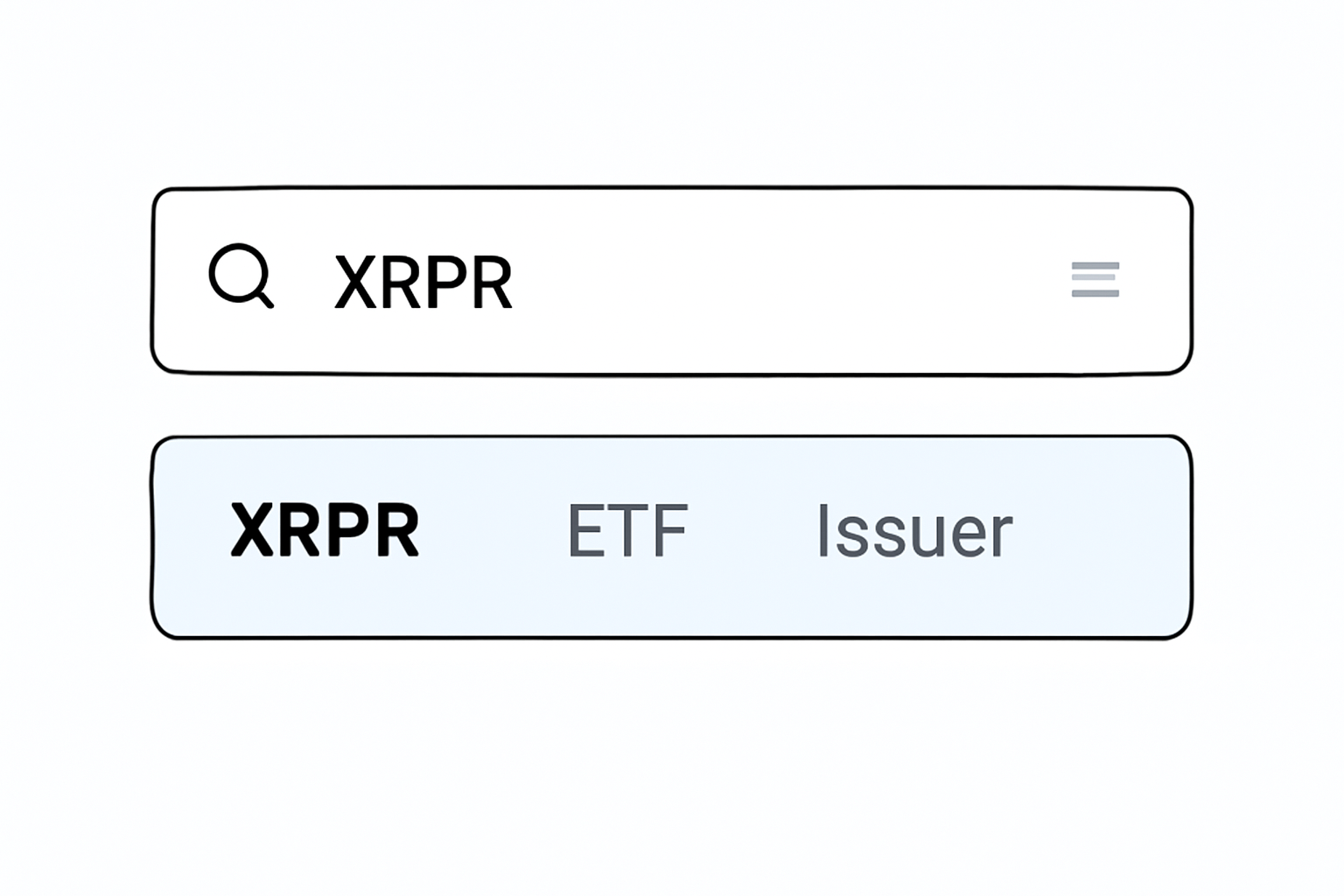 A search bar on a trading platform with 'XRPR' typed in, highlighting the correct ETF and issuer, clear and easy to read.