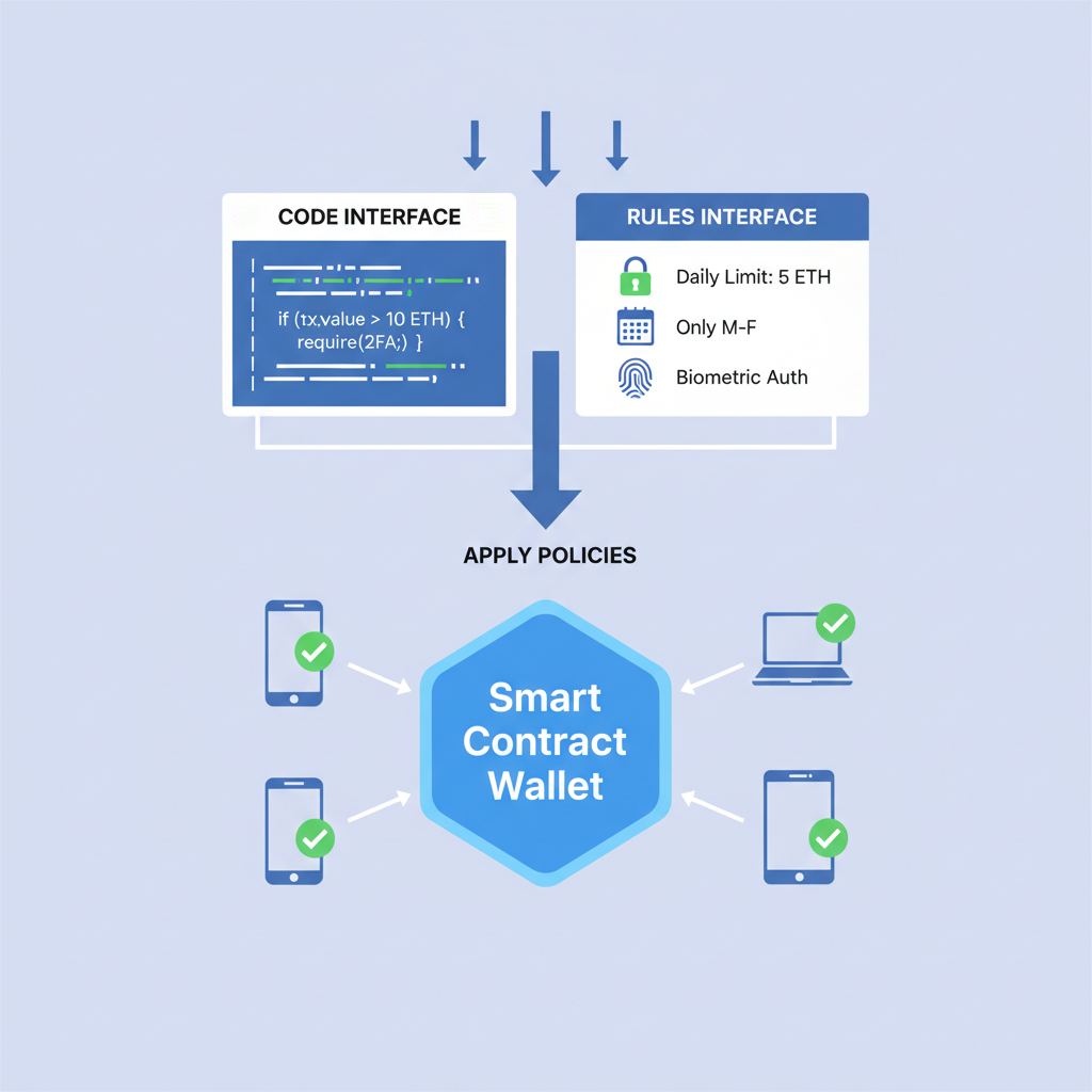 Configuring AA policies on smart contract wallet, code and rules interface