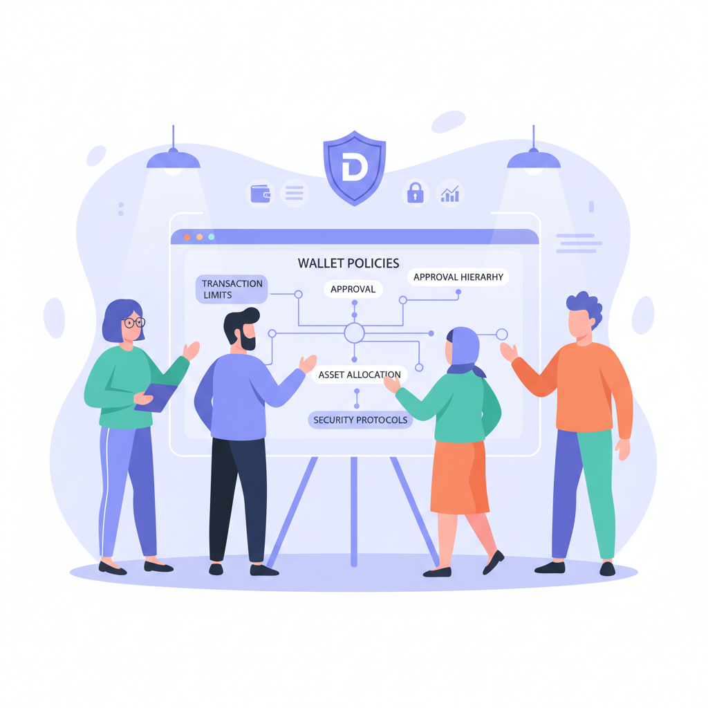 DAO team designing wallet policies on digital whiteboard, futuristic crypto interface, balanced composition