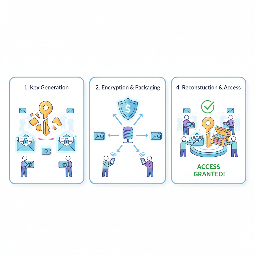 Secure distribution of key shards to team members, encrypted digital envelopes