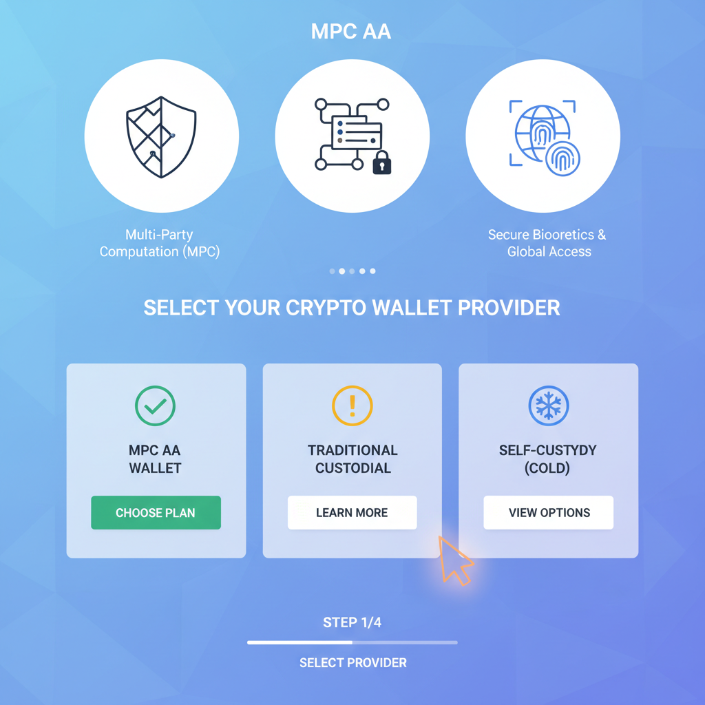 Selecting crypto wallet provider dashboard, MPC AA icons, professional interface