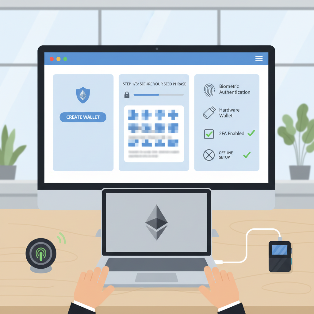 professional ethereum wallet setup on computer screen, clean UI, security icons, modern office desk