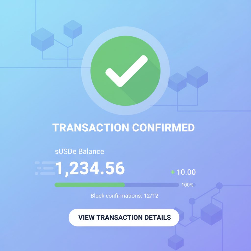 blockchain transaction confirmation screen, success checkmark, sUSDe balance updating