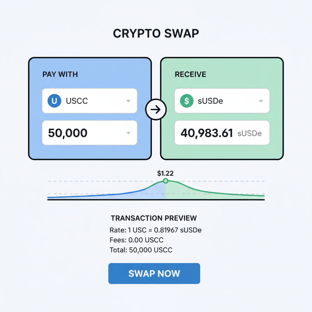 crypto swap interface USDC to sUSDe, price chart at $1.22, transaction preview with $50K