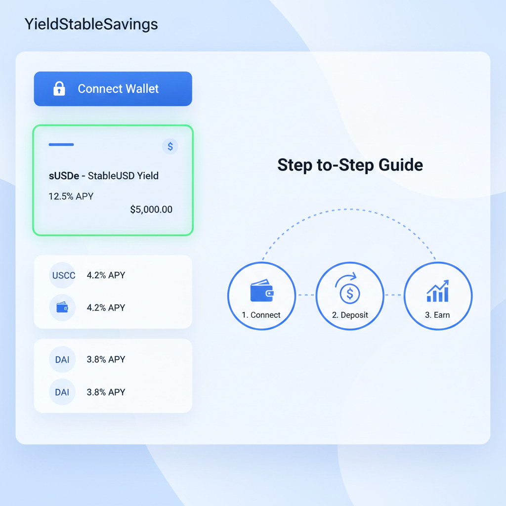 YieldStableSavings website dashboard, wallet connect button, sUSDe highlighted, professional web design