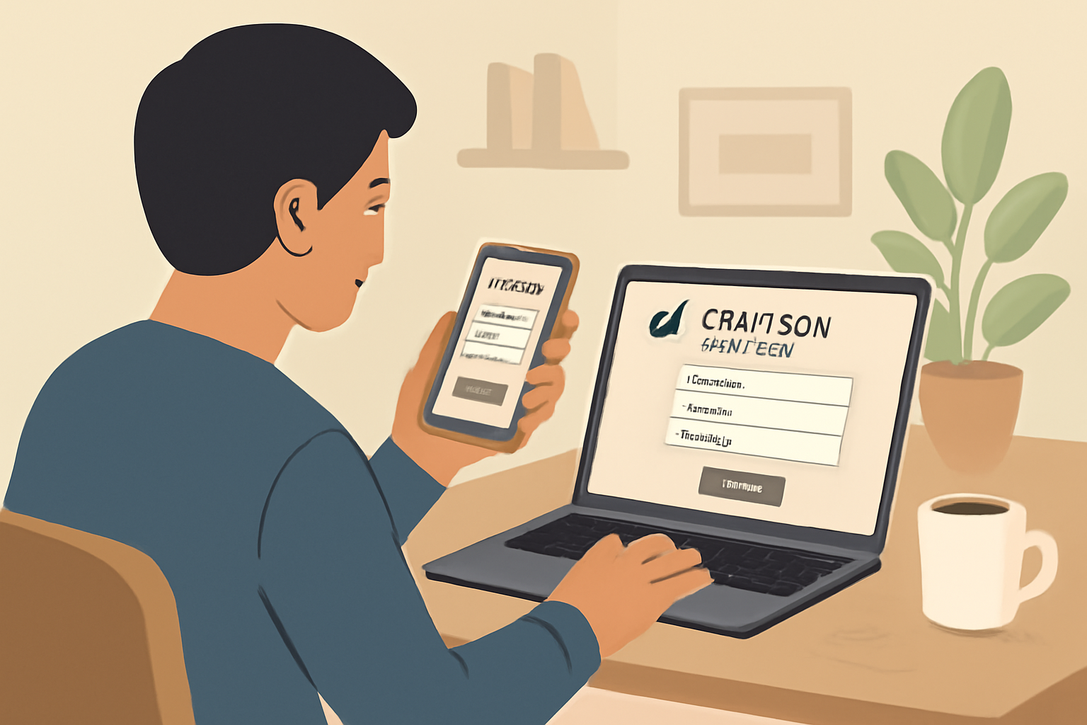 A person using a smartphone and laptop to sign up for a financial trading app, entering personal details in a calm, well-lit home office.