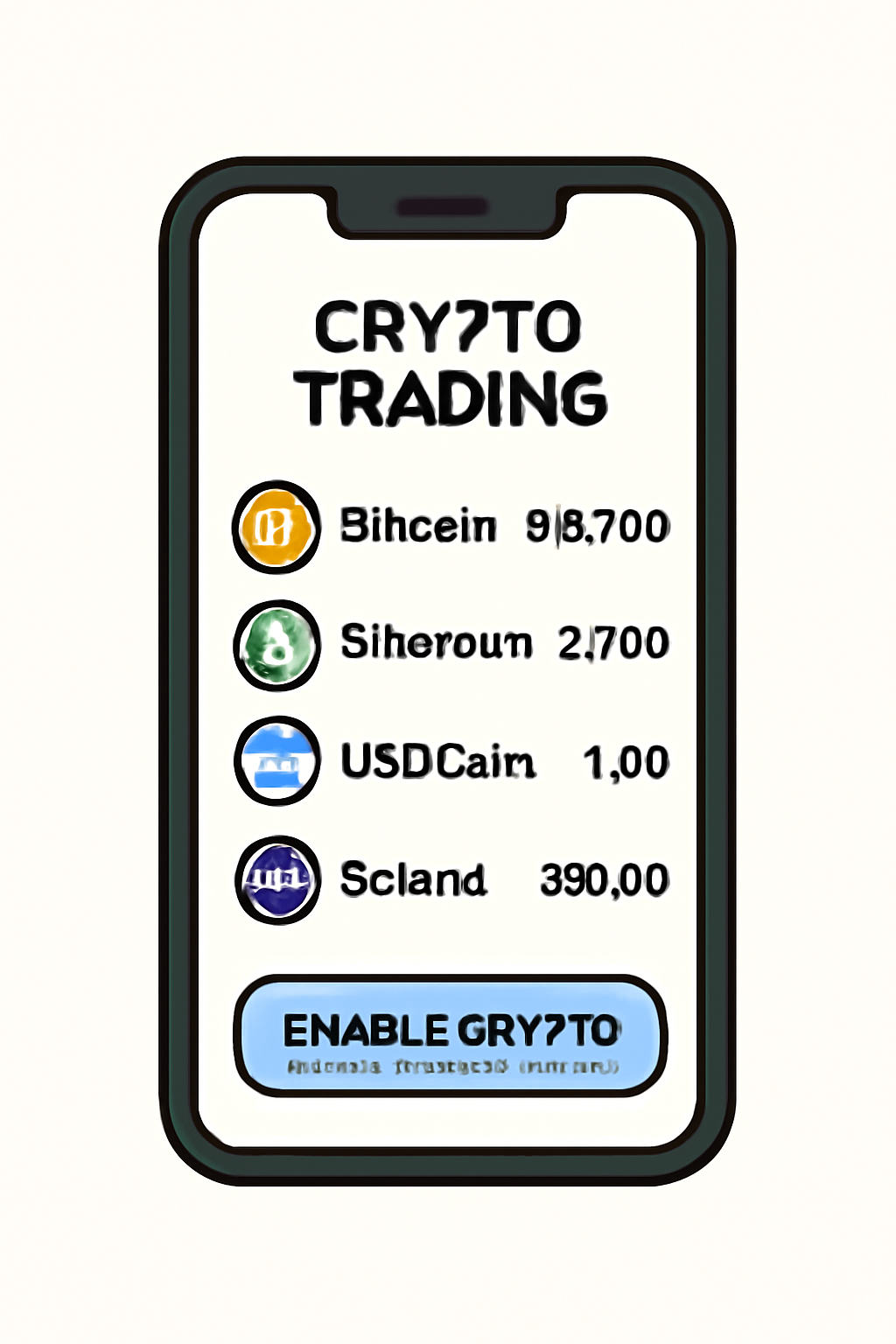 A smartphone screen displaying crypto trading enabled, with a list of cryptocurrencies and a highlighted 'Enable Crypto' button.