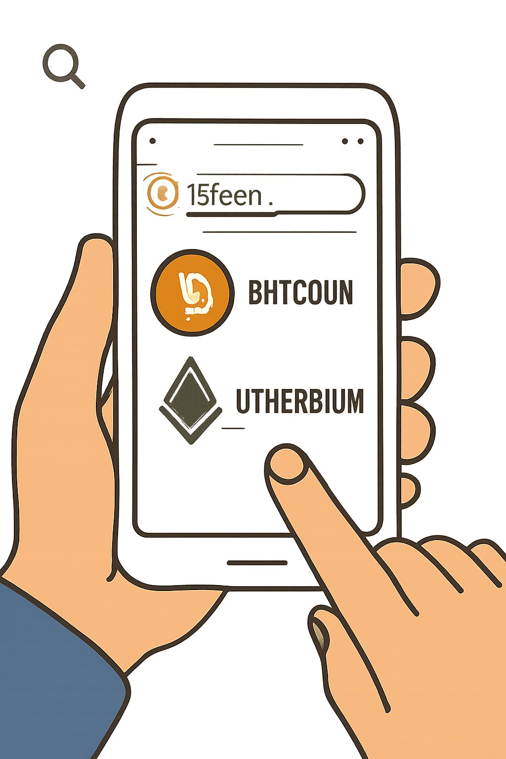 A user searching for Bitcoin and Ethereum in a trading app, with clear icons for each cryptocurrency on the screen.