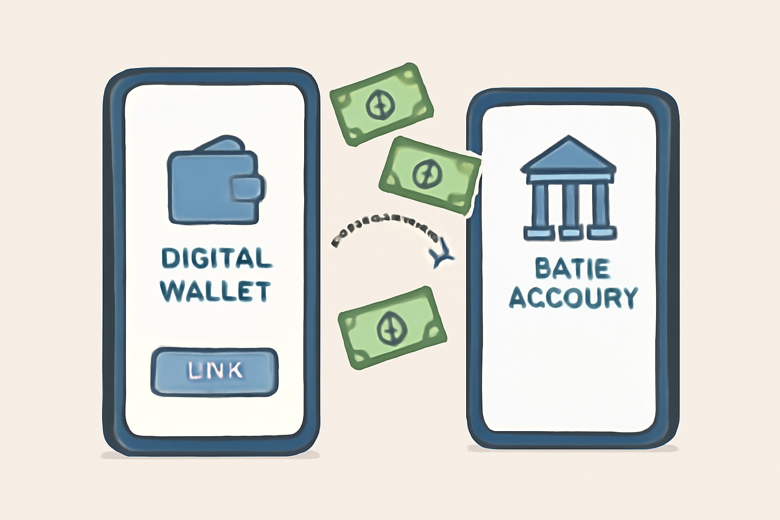 A digital wallet being linked to a bank account, showing money transferring between accounts on a modern app interface.