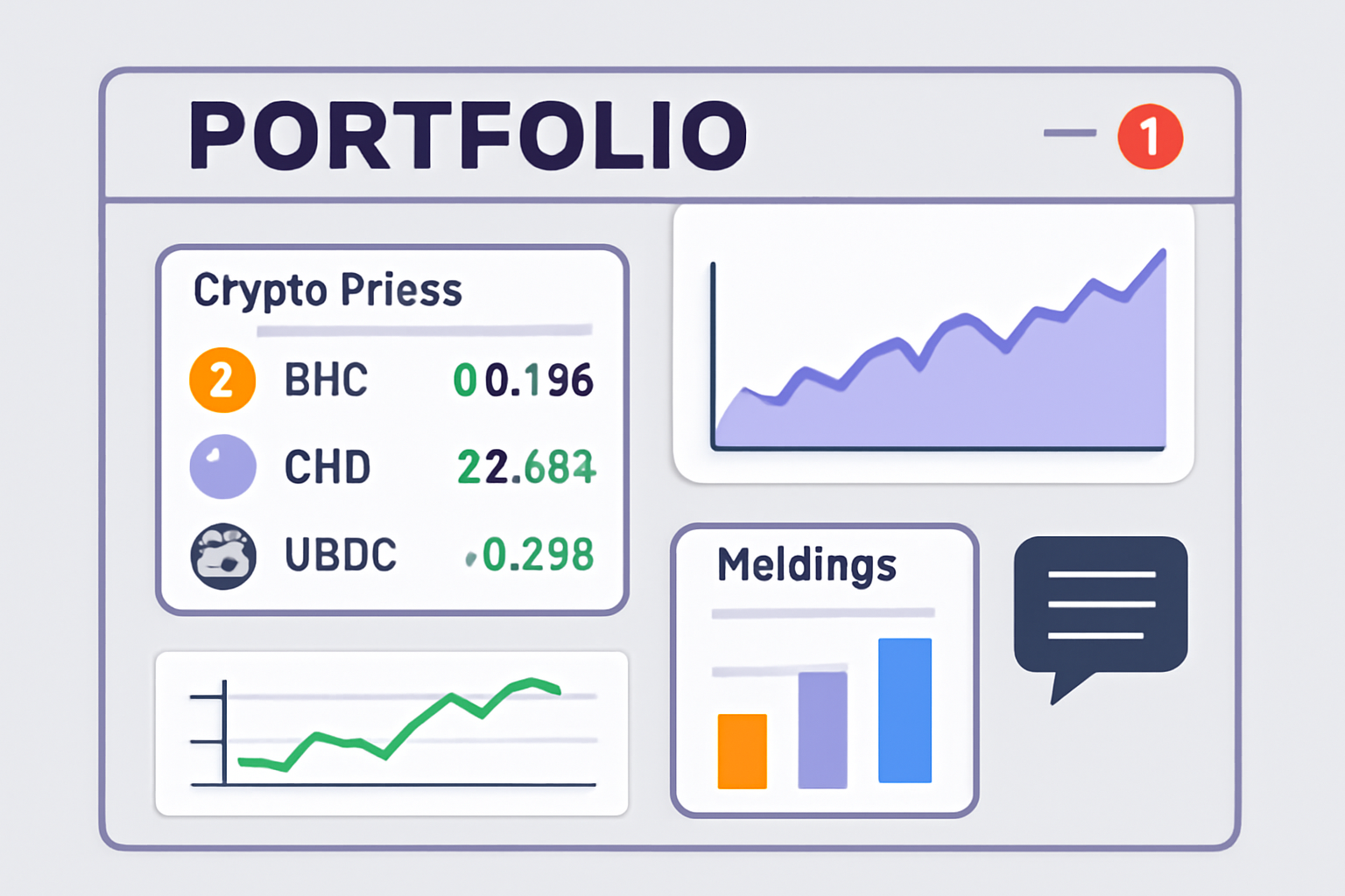 A digital portfolio dashboard showing live crypto prices and holdings, with price charts and notifications.