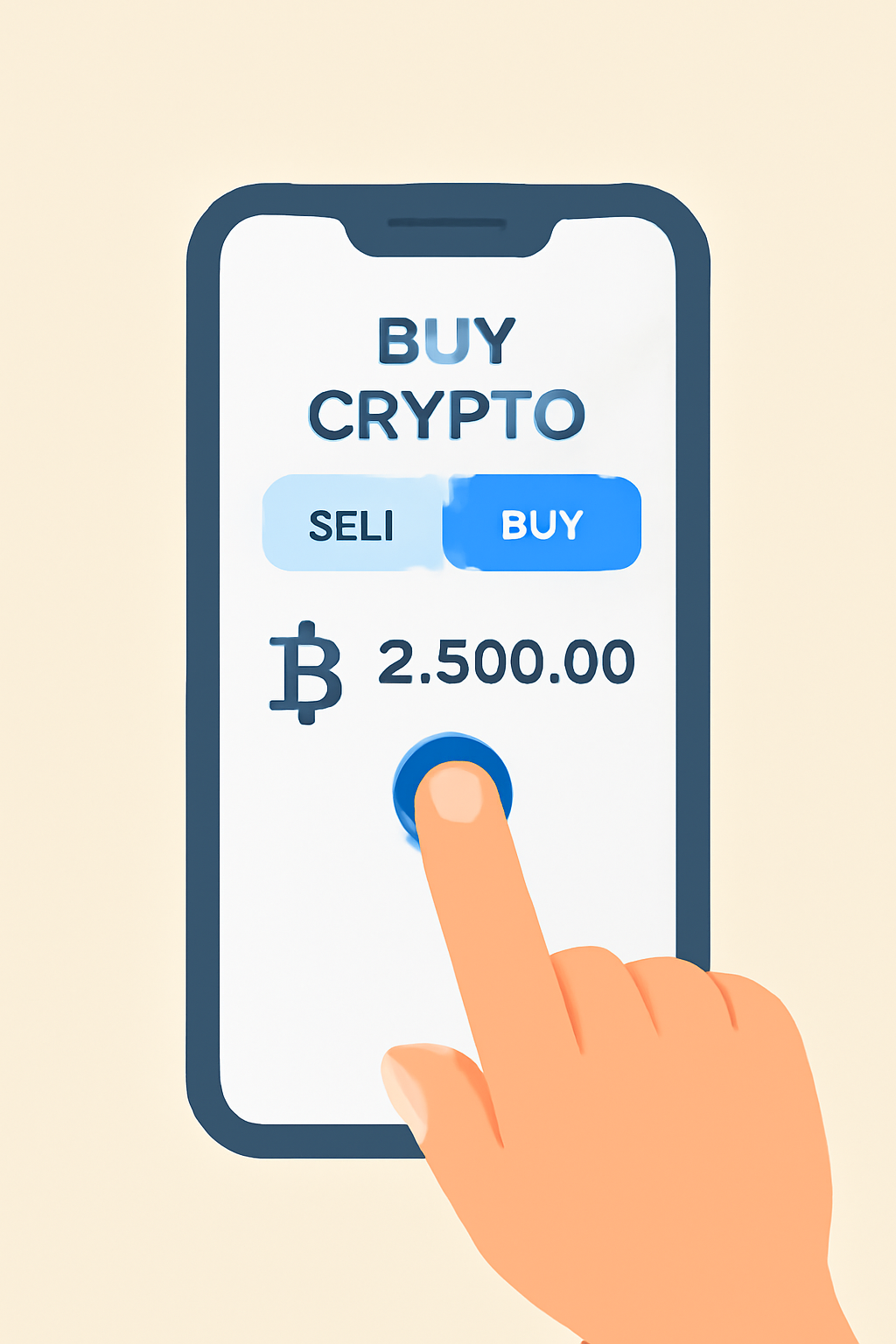 A hand swiping up on a smartphone screen to confirm a crypto purchase, with clear buy/sell options and price details displayed.