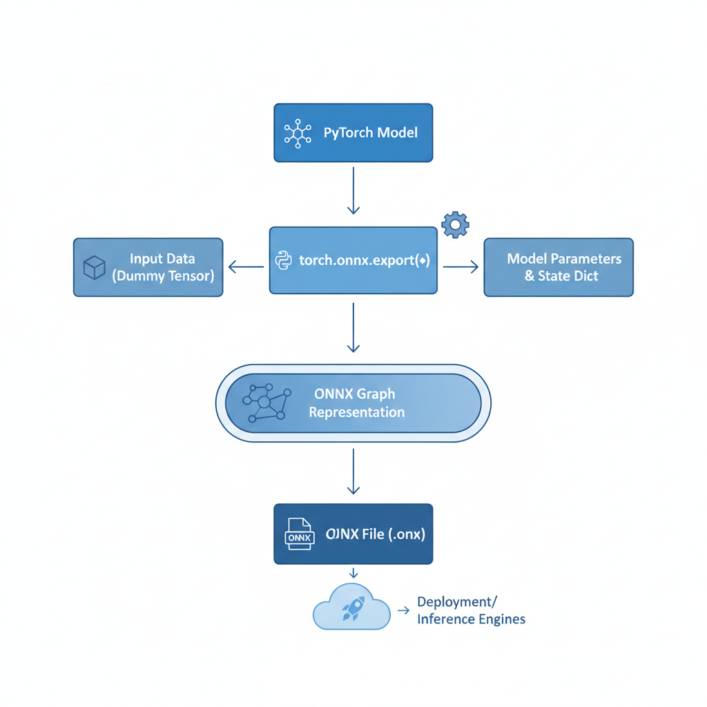 technical diagram of PyTorch model exporting to ONNX file, clean flowchart style, blue tones