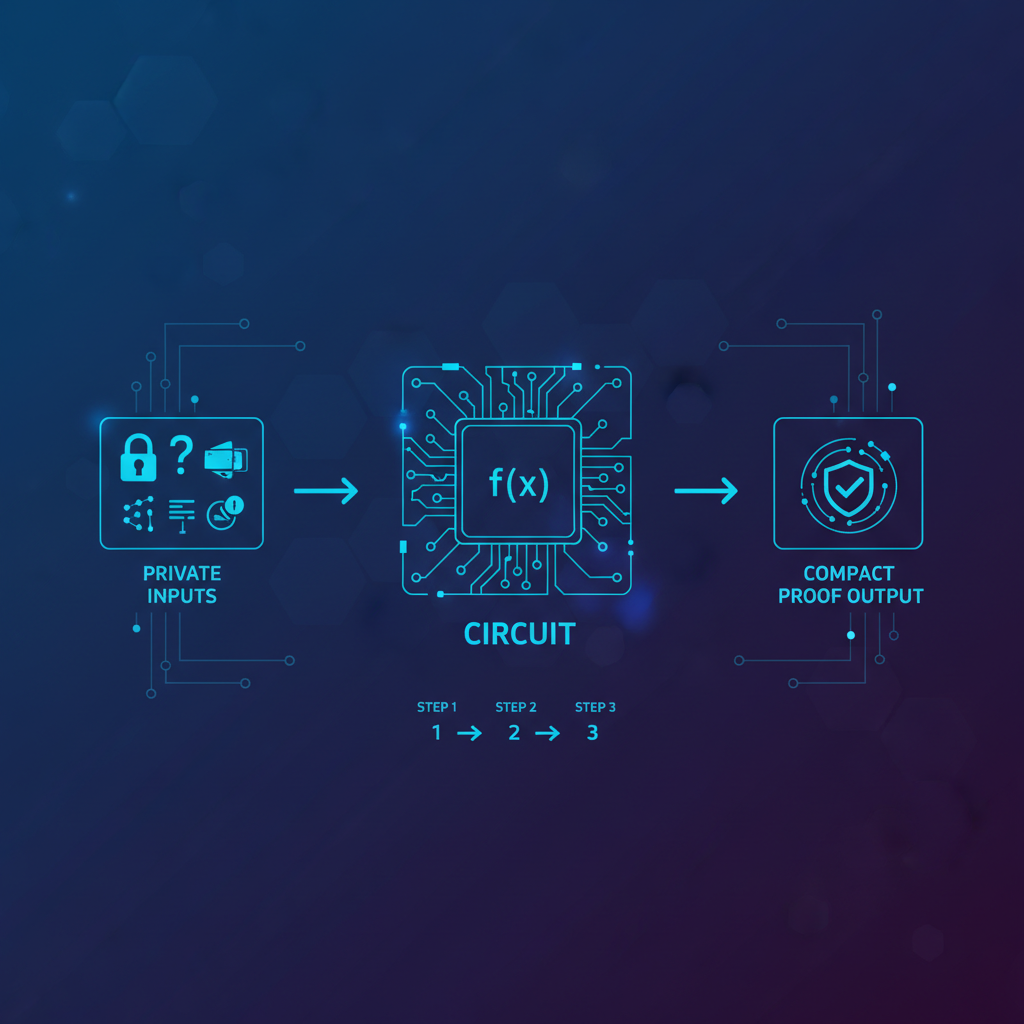 visualization of ZK proof generation: private inputs to circuit to compact proof output, cryptographic proof icon, dark tech theme