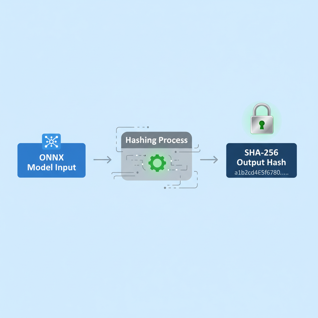 illustration of file hashing process with ONNX model input and SHA-256 output hash, secure lock icon, minimalist tech style