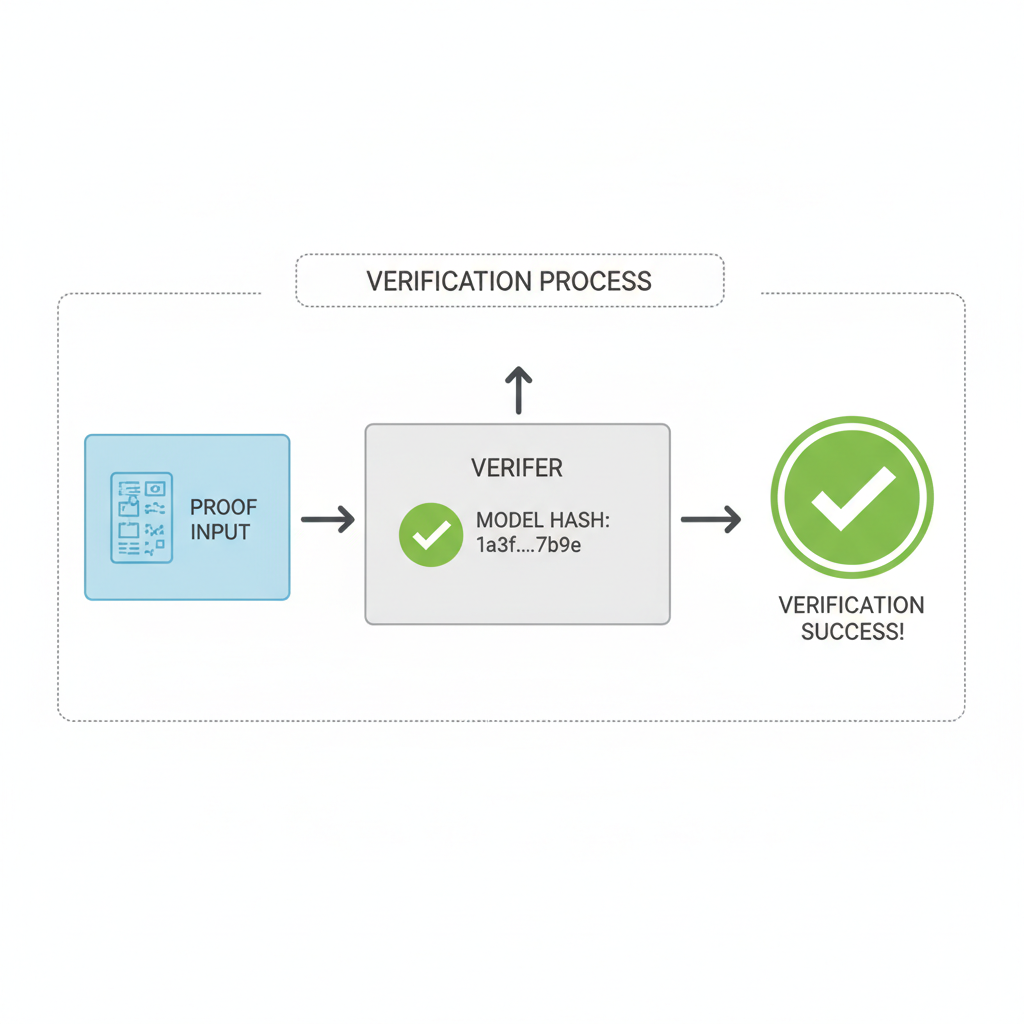 verification process diagram: proof input to verifier with checkmark against model hash, green success indicator, professional infographic