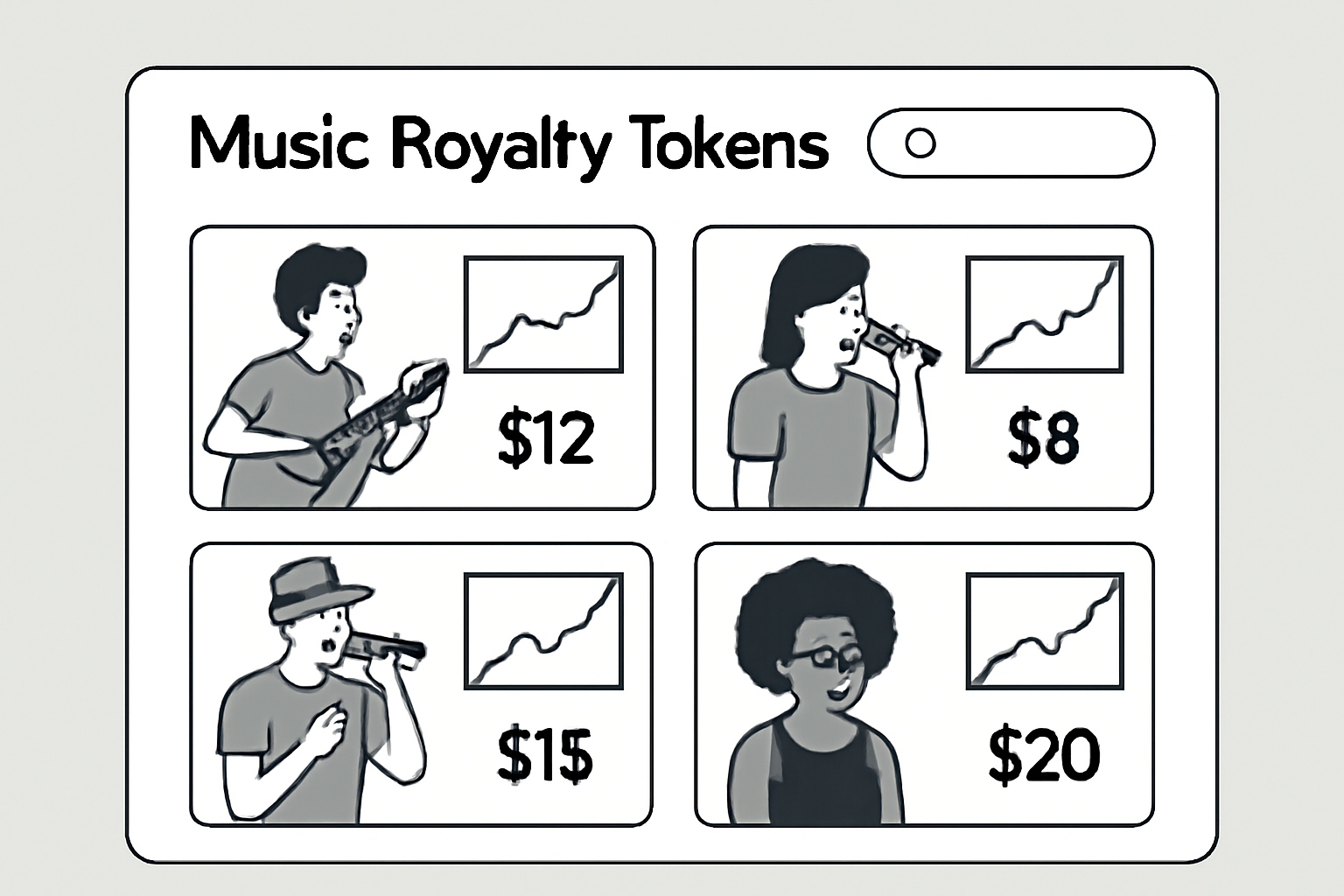 A digital marketplace interface displaying various music royalty tokens with charts and artist images