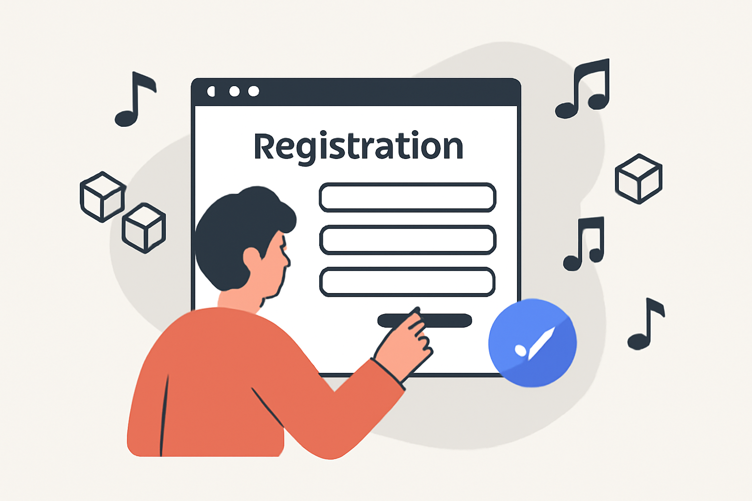 A user filling out a digital registration form with a verification checkmark, music icons, and blockchain motifs