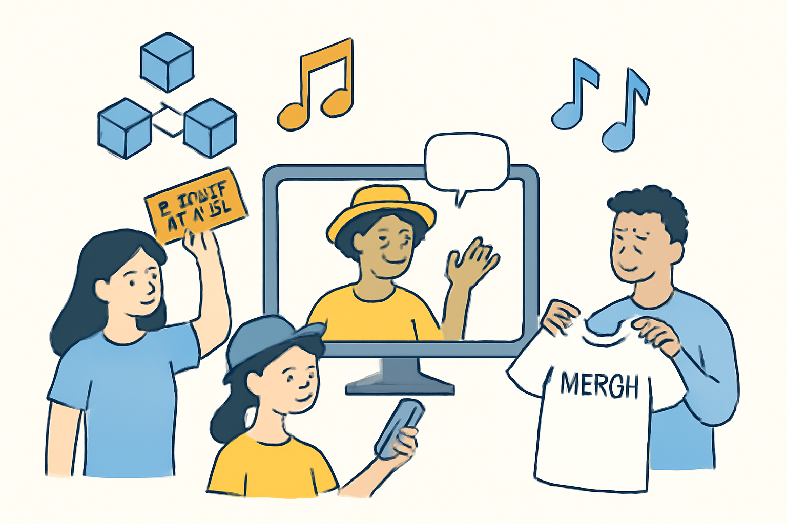 Fans holding exclusive event tickets and merchandise, interacting online with an artist, with music and blockchain symbols