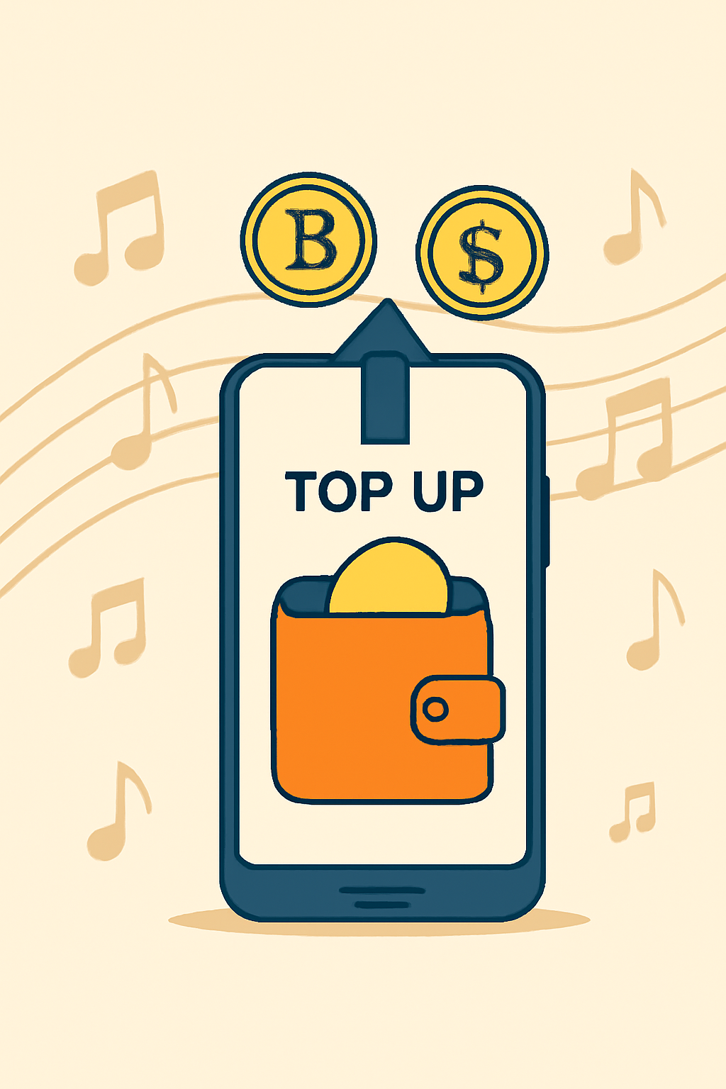 A digital wallet on a smartphone being topped up with cryptocurrency and fiat currency icons, set against a music-themed background