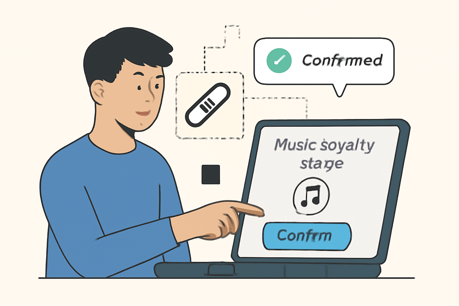 A user confirming a purchase of a music royalty token, with blockchain transaction graphics and a confirmation pop-up