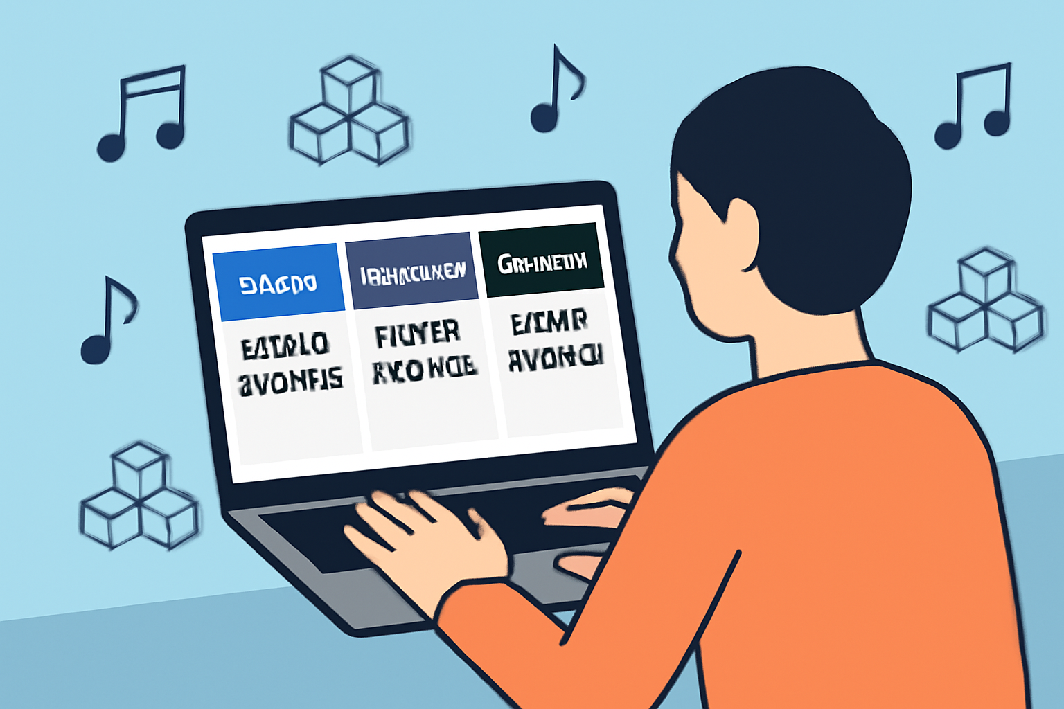 A person comparing websites of Royal, Anotherblock, and Opulous on a laptop, with music notes and blockchain symbols in the background