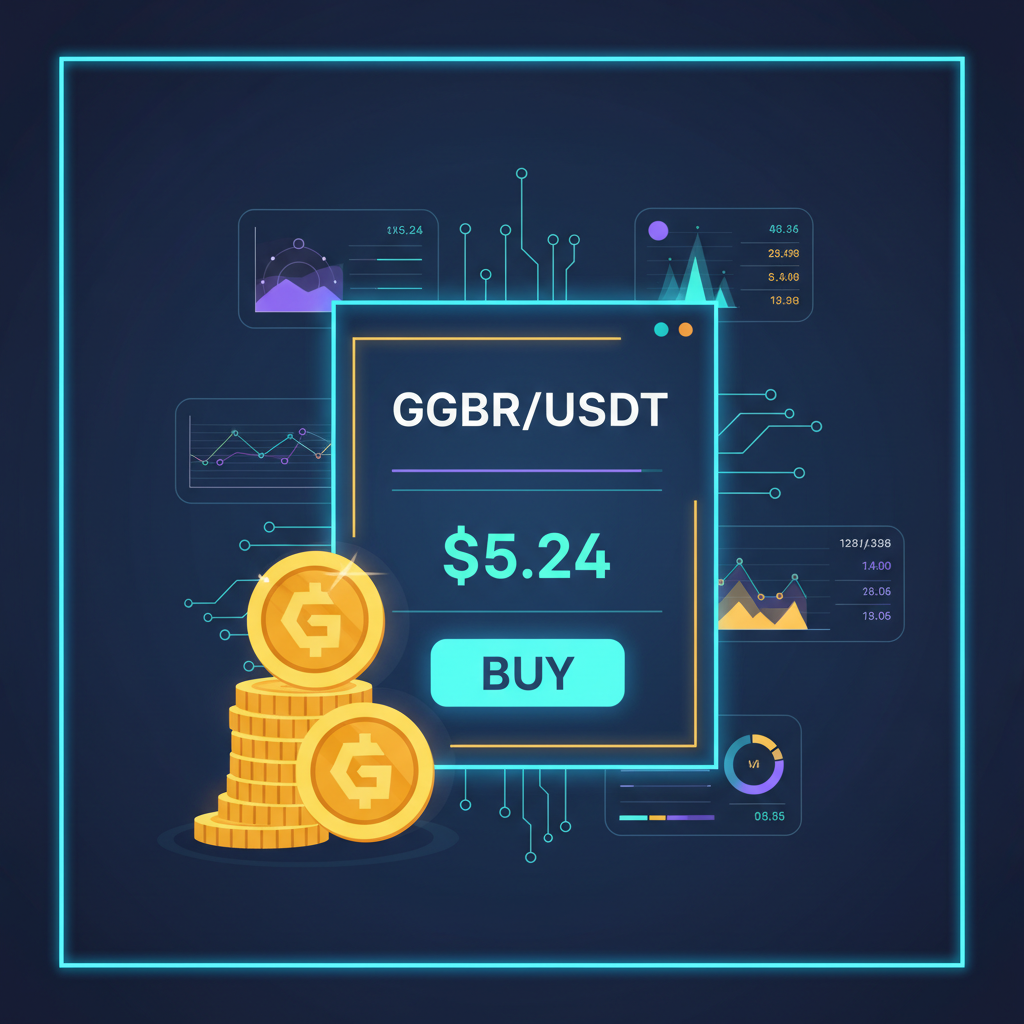 sleek crypto exchange interface showing GGBR/USDT buy order at $5.24, gold coins stacking, futuristic UI, neon glow