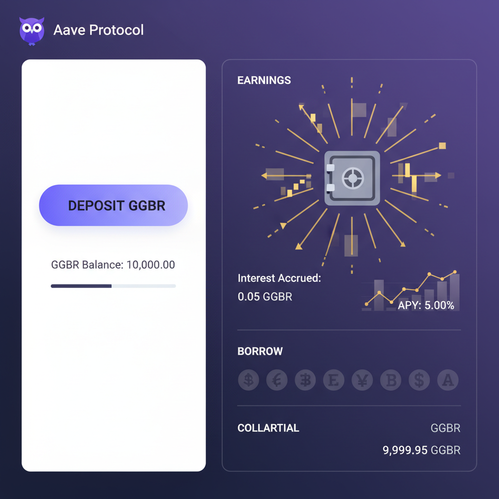 Aave lending dashboard depositing GGBR tokens, interest accruing as gold rays, elegant financial charts, dark mode