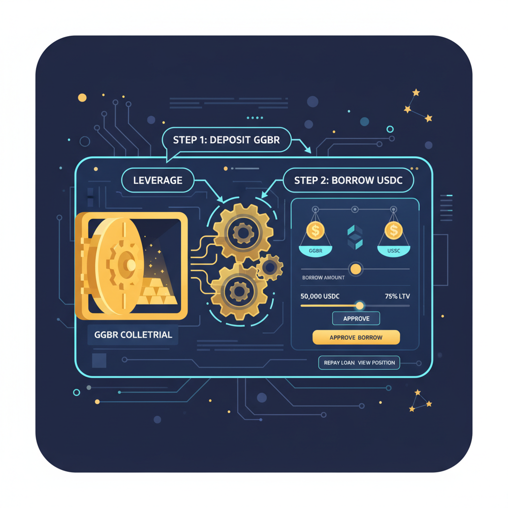 DeFi borrowing interface using GGBR collateral for USDC loan, leverage gears turning, gold vault security, sci-fi aesthetic