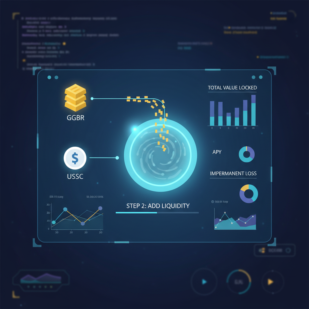 Uniswap liquidity pool interface adding GGBR and USDC, gold bars flowing into pool, vibrant DeFi dashboard, holographic
