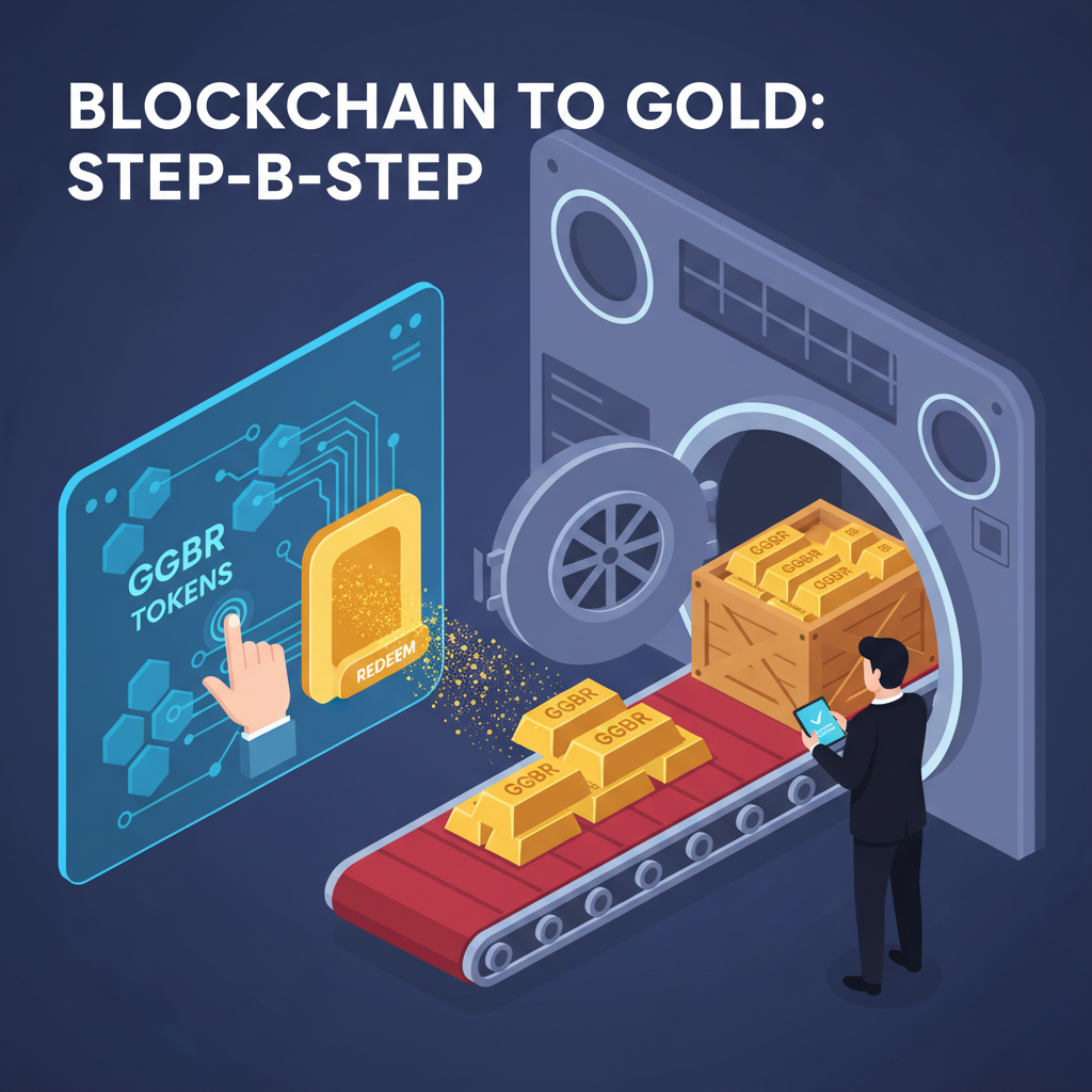 user redeeming GGBR tokens for physical gold bar delivery, blockchain to real world transition, luxurious vault scene