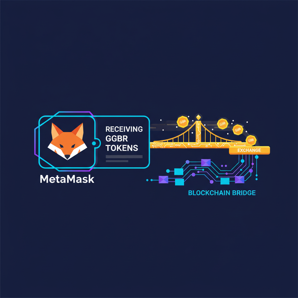 MetaMask wallet receiving glowing GGBR gold tokens from exchange, blockchain bridge visualization, cyberpunk style