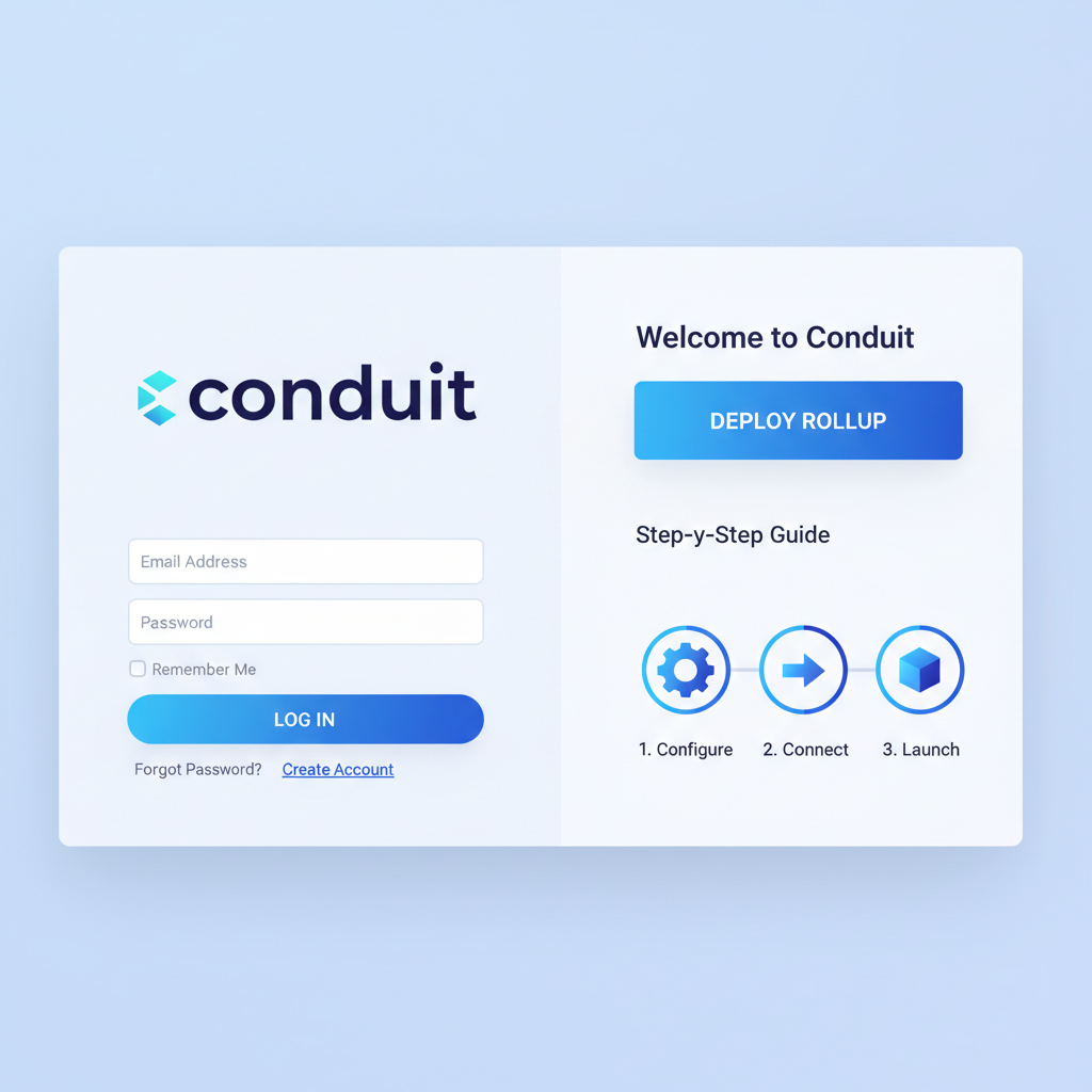 clean web dashboard login screen for blockchain platform Conduit, professional UI, blue tones, deploy rollup button