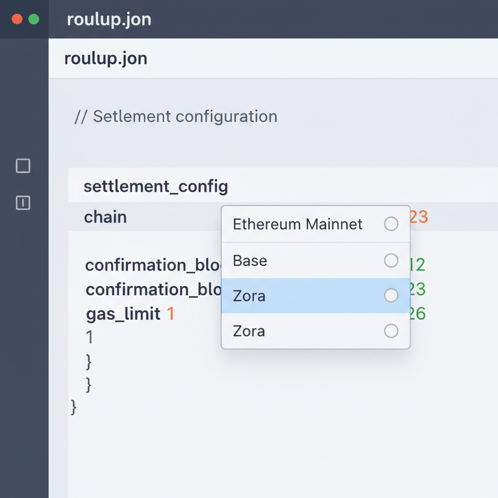 rollup.json settlement config section edited, dropdown options for Ethereum Base Zora, clean code view
