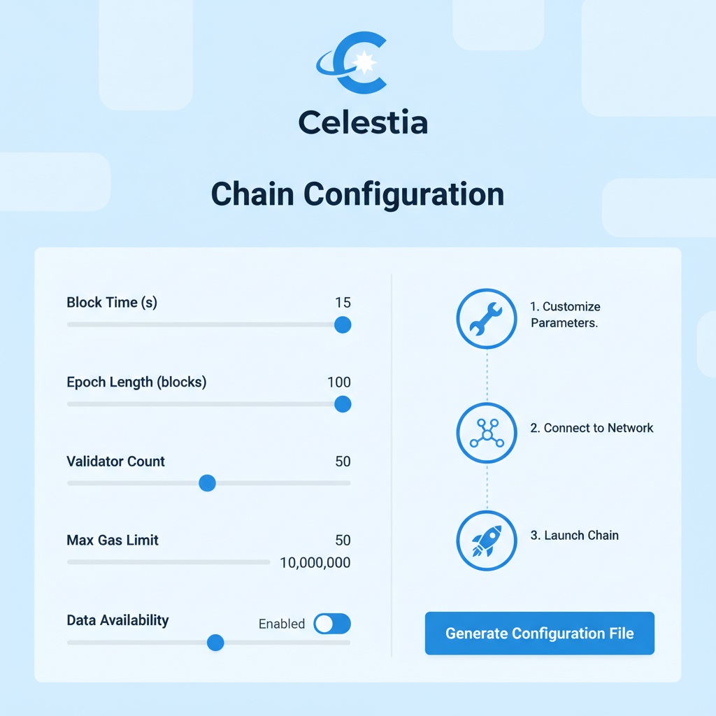 chain configuration form, sliders for parameters, Celestia logo integrated, professional UI