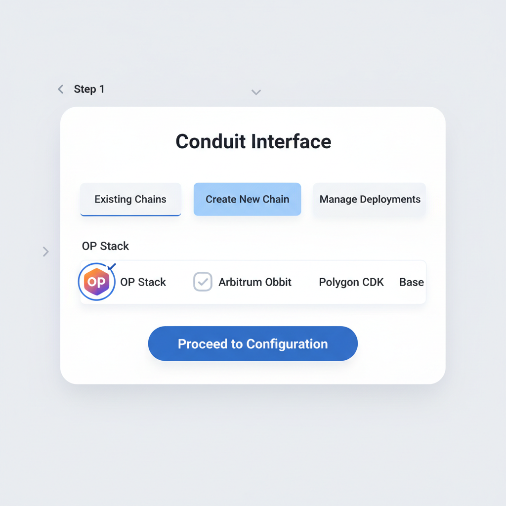 Conduit interface showing 'Create New Chain' button, OP Stack option selected, minimalist design