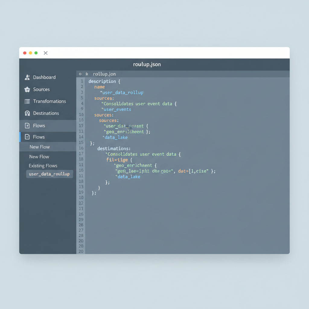 JSON editor interface in Conduit dashboard, rollup.json file open, syntax highlighting, sidebar navigation
