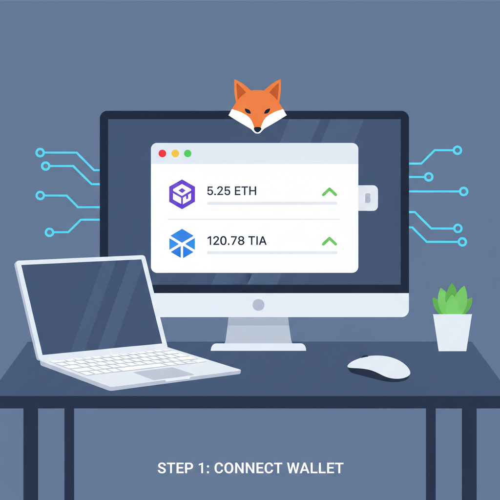 developer workspace with MetaMask wallet open, ETH and TIA tokens visible, clean tech aesthetic