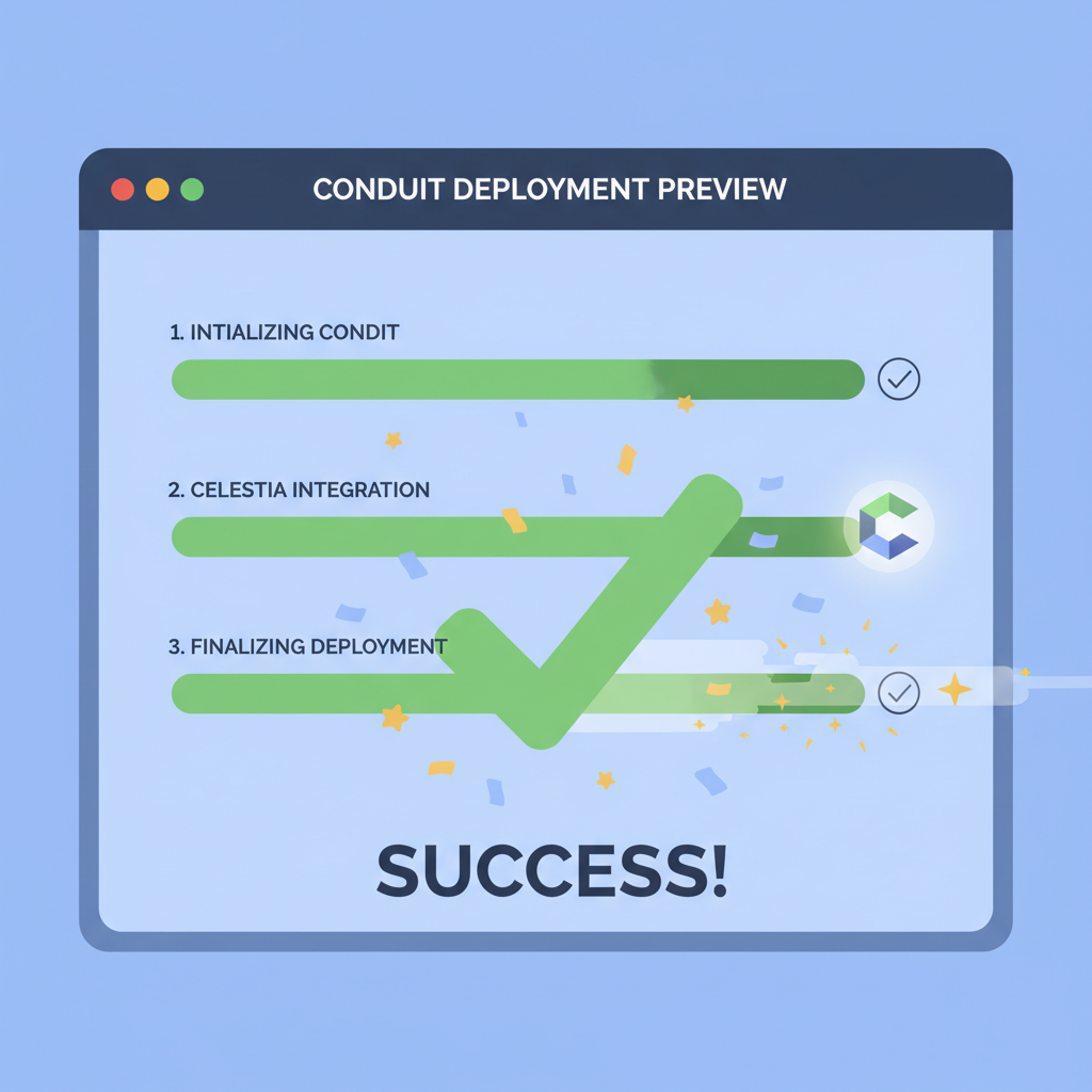 deployment preview dashboard Conduit, progress bar, Celestia integration shown, success animation
